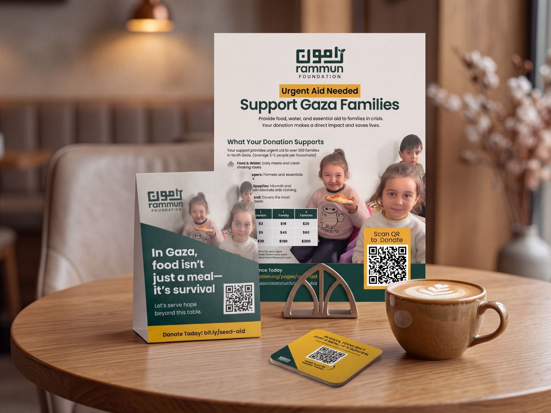 Flier, table tent and coaster, Rammun Foundation